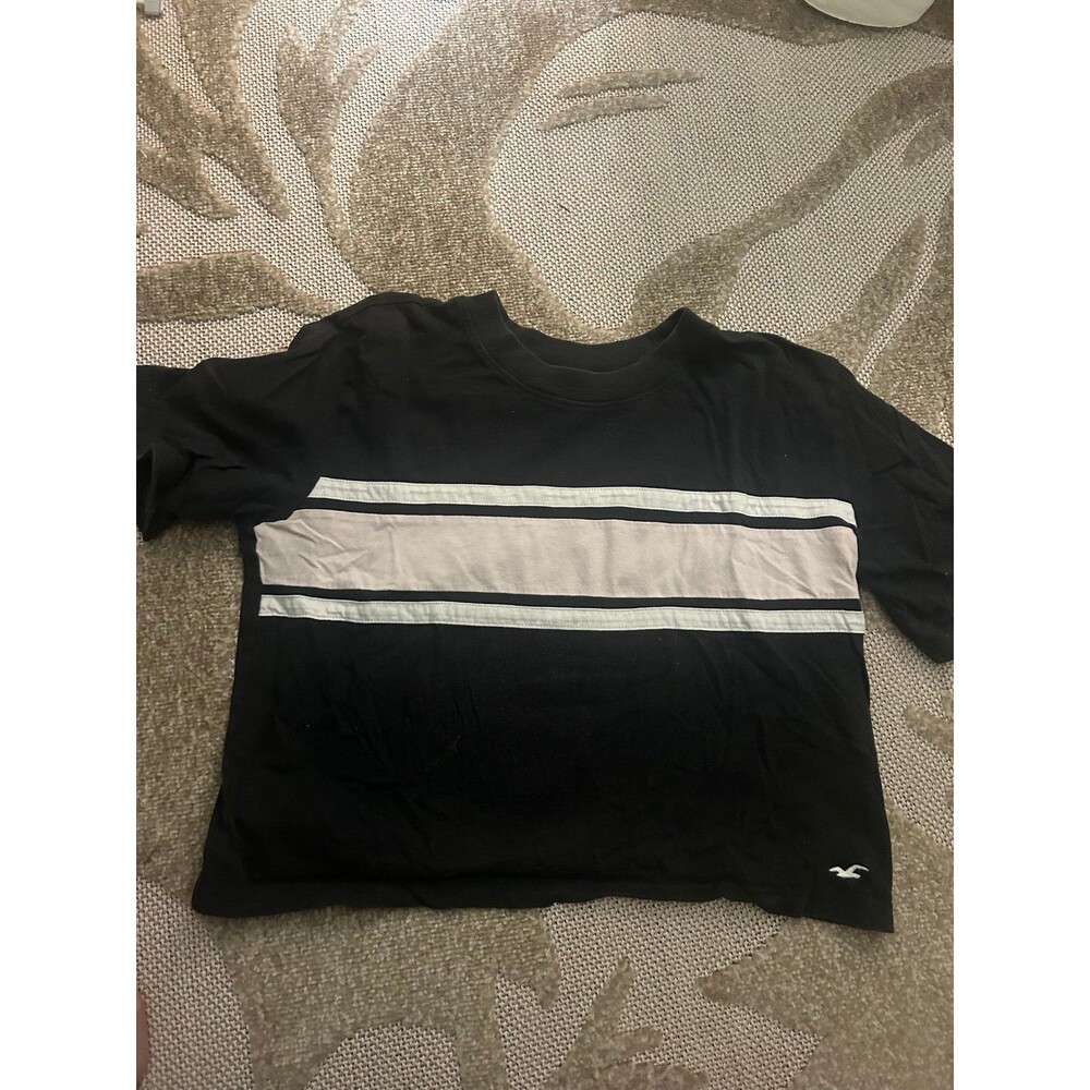 Black and Pink Striped Hollister Cropped Boyfriend Tee
